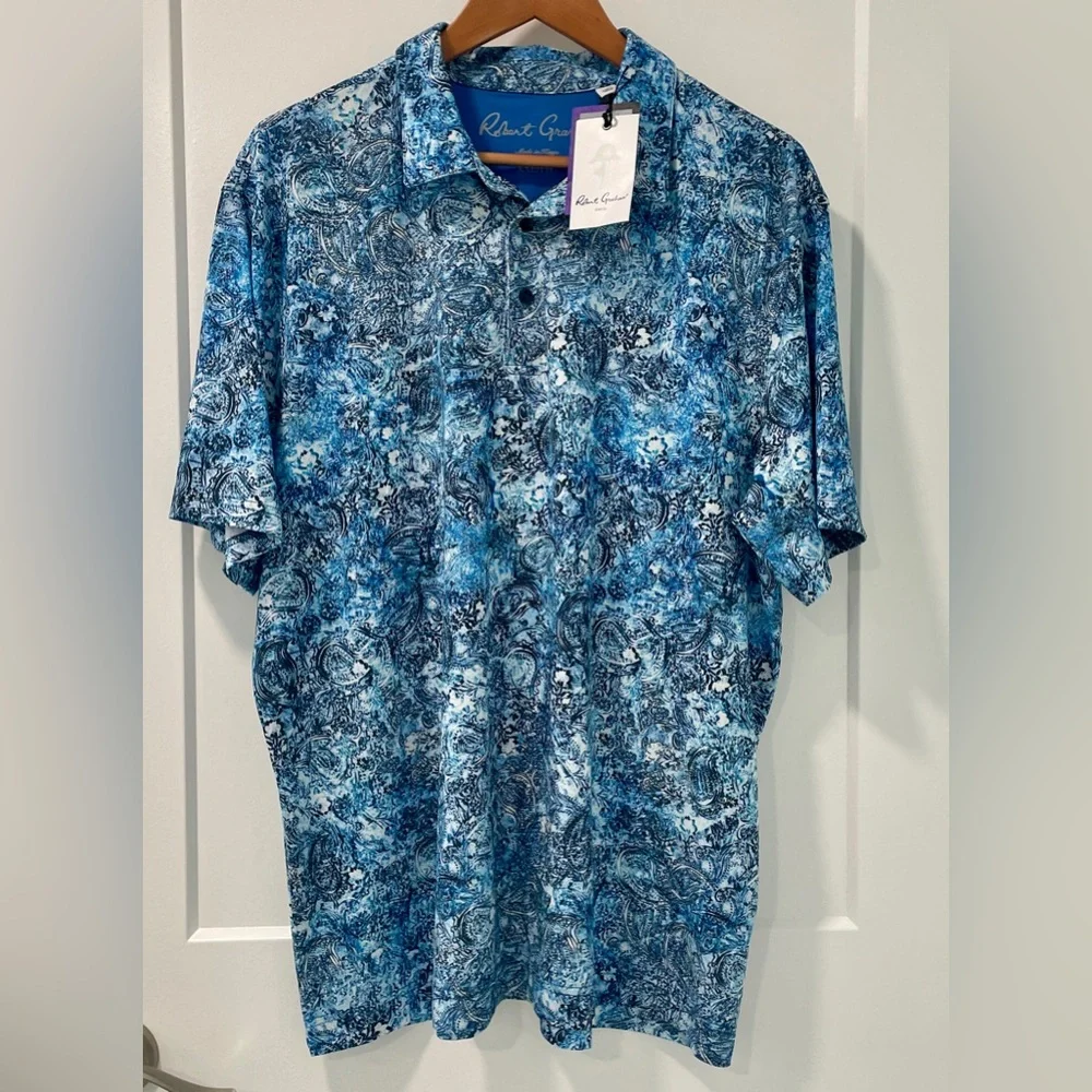 ROBERT GRAHAM Golf Clubhouse Blue Paisley UV Wicking Short Sleeve Polo NWT (XXL - Picture 2 of 13